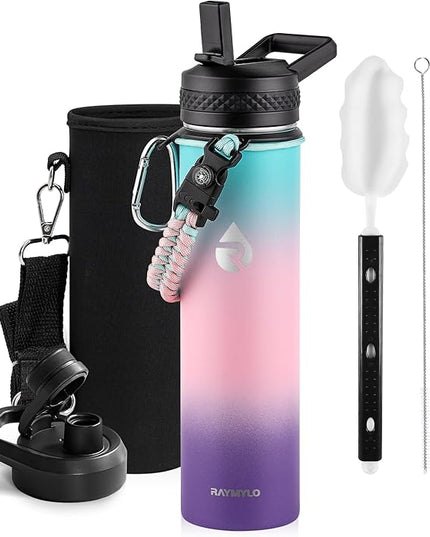 Insulated Water Bottle 24oz, Triple Wall Vacuum Stainless Steel (Cold for 48 Hrs, Hot for 24Hrs), Leak Proof & Non-BPA, 24oz Hydro Water Flask with Paracord Handle & Straw Spout Lids