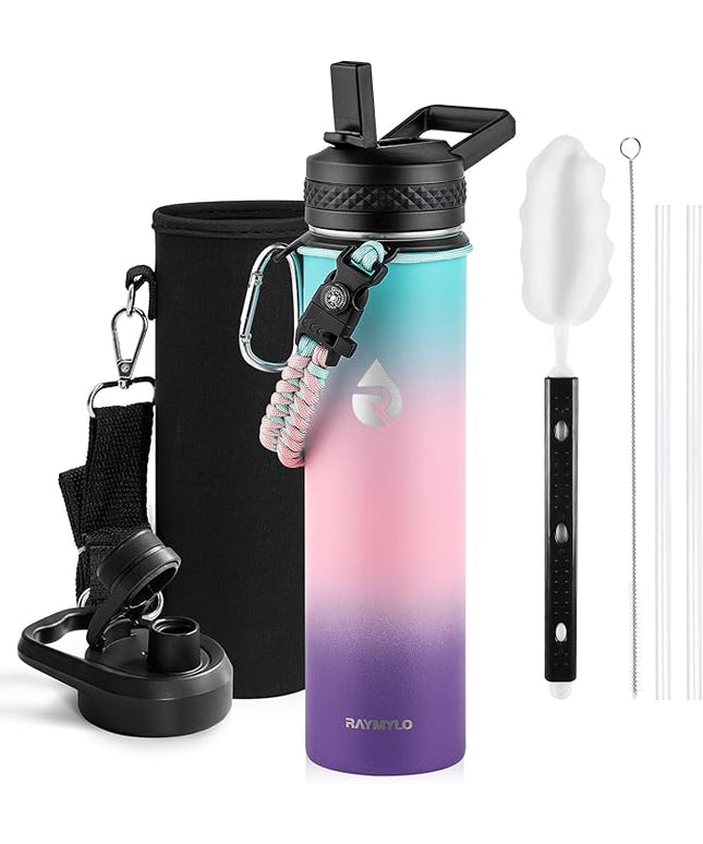 Insulated Water Bottle 24oz, Triple Wall Vacuum Stainless Steel (Cold for 48 Hrs, Hot for 24Hrs), Leak Proof & Non-BPA, 24oz Hydro Water Flask with Paracord Handle & Straw Spout Lids