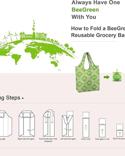 BeeGreen Print Reusable Shopping Bags 6 Pack - Heavy Duty Washable and Foldable Polyester Shopping Bag for Women, Reusable Gift Grocery Totes Market Tote Bag with Handles for Travel Holiday