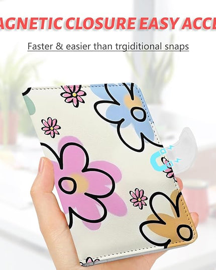 Passport Holder, Travel Wallet Cover with Pen Loop | Cute RFID Blocking Leather Case with Magnetic Closure for Travel Essentials-flower