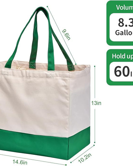 Canvas Reusable Grocery Bags, Heavy Duty 8.3 gal Foldable Large Canvas Tote Bag, Holds 60 lbs, 1 Pack