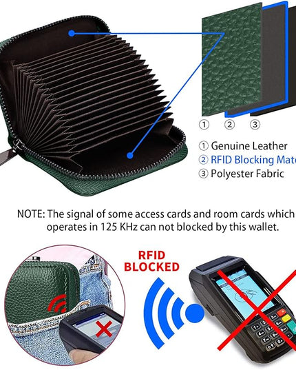 Linno RFID 20 Slots Credit Card Holder Genuine Leather Small Wallet for Women or Men with Zipper