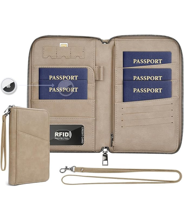 Family Passport Holder Wallet RFID Travel Document Organizer for Women Men, Portable Case Cover for Cards, Boarding Pass with Wrist & Neck Strap, Airtag Pocket, Travel Essentials Gifts (Sand, 1pack)