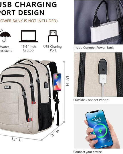 Travel Laptop Backpack for Women, School Backpack with USB Charging Port,Water Resistant Backpack for Girls, Business Work College bookbag,book bag Fits 15.6 Inch,Beige Back Pack