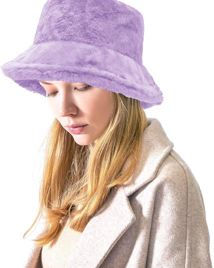 Women Plush Fluffy Bucket Hat Warm Lining Winter Faux Fur Cozy Wide Brim Winter