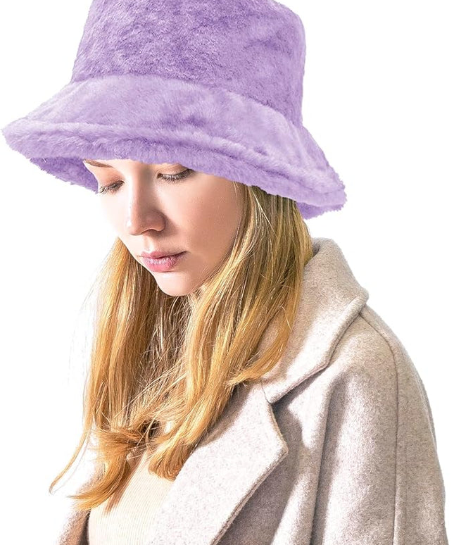 Women Plush Fluffy Bucket Hat Warm Lining Winter Faux Fur Cozy Wide Brim Winter