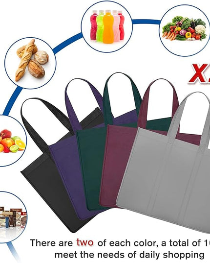 WISELIFE Reusable Grocery Shopping Bags 10 Pack Large Foldable Tote Bags Bulk,Eco Produce Bags with Long Handle for Shopping Groceries Clothes(5 Assorted Colors)