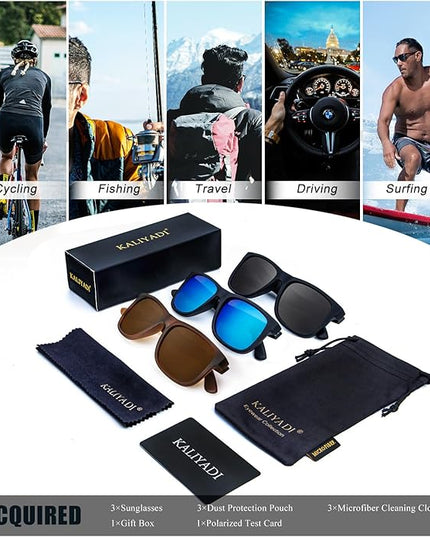 KALIYADI Sunglasses Men Polarized Sun glasses for Mens Womens Classic Matte Black Frame UV Protection 3pack