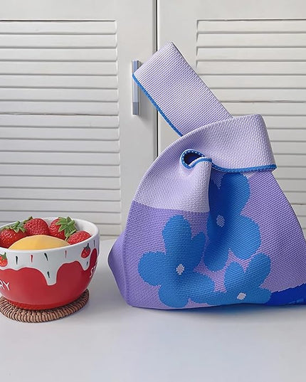 Women's Wrist Knot Tote Bag Small Crochet Wristlet Handbag Aesthetic Cute Knit Purse (Very Small Size)