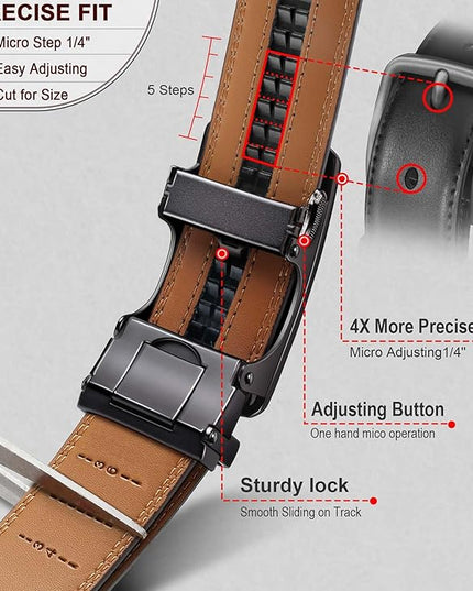 KEMISANT Men Belt 2 Pack, Leather Ratchet Belt Easy Click Slide For Men 1 3/8",Cut for Fit