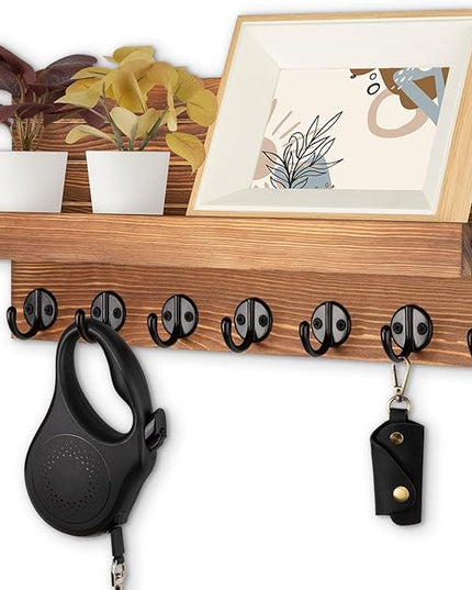 Lwenki Key Holder Wall Mount, Entryway Key and Mail Holder with 7 Sturdy Hooks for Sunglasses, Dog Leash, Decorative Wall Shelf with Mounting Hardware, 15”W x 6.7”H x 4.2”D