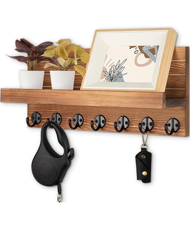 Lwenki Key Holder Wall Mount, Entryway Key and Mail Holder with 7 Sturdy Hooks for Sunglasses, Dog Leash, Decorative Wall Shelf with Mounting Hardware, 15”W x 6.7”H x 4.2”D