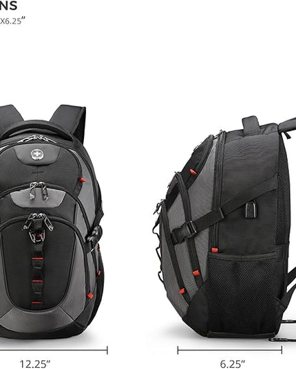 Swissdigital Design Laptop Backpack with USB Charging Port, Travel Backpack Fits 15.6 inches Computer, 31L College School Backpack for Men, Black/Grey | SD803-02
