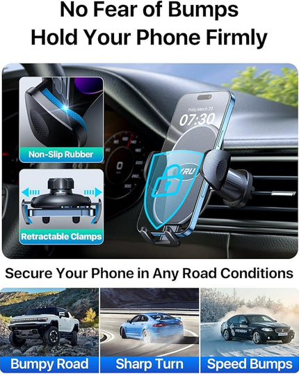 YRU Phone Holders for Your Car [2026 Upgraded Military Metal Hook], Cellphone Holder Car[No Fear of Bumps] Vent Phone Mount Truck Compatible with iPhone17 16 15 14 13 12 Samsung Android, Grey