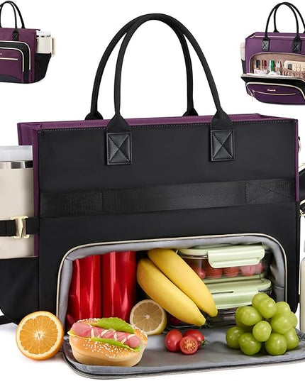 LOVEVOOK Insulated Lunch Bag,2-in-1 Work Tote Bag with Lunch Compartment,Large Capacity Professional Work Bag for Women,15.6 Inch Laptop Bag with Cup Holder for Teacher,Nurse,College,Office,Travel