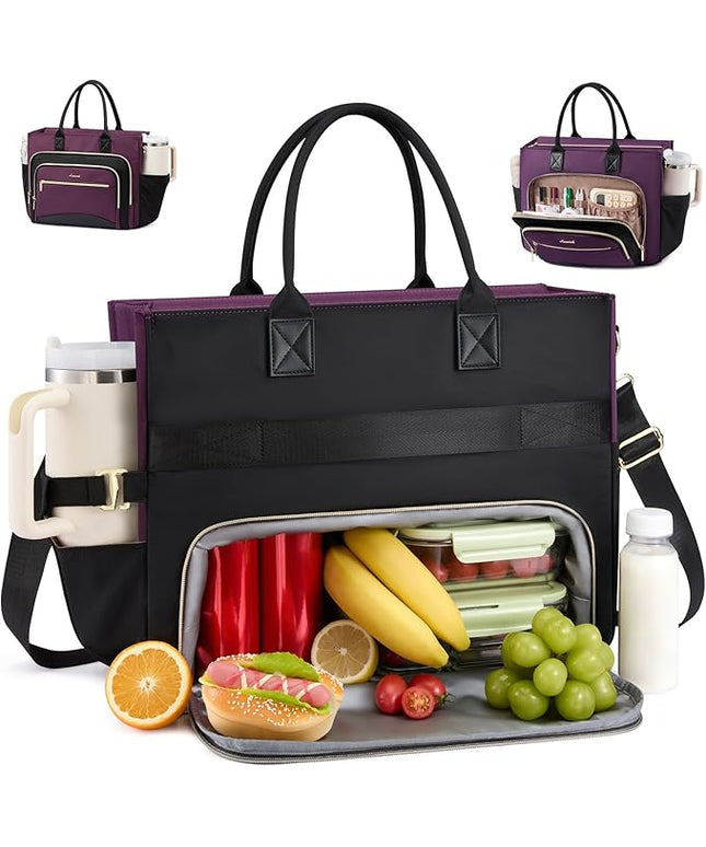 LOVEVOOK Insulated Lunch Bag,2-in-1 Work Tote Bag with Lunch Compartment,Large Capacity Professional Work Bag for Women,15.6 Inch Laptop Bag with Cup Holder for Teacher,Nurse,College,Office,Travel