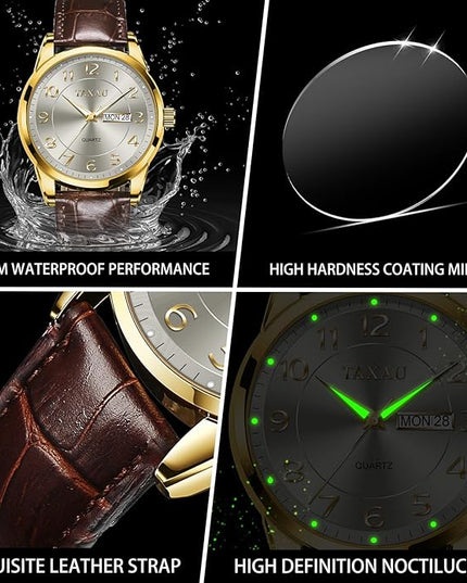 Mens Leather Watch Large Face Classic Quartz Mens Analog Watches Luxury Dress Watches for Men Waterproof Men's Wrist Watch Easy Read with Date Number Dial Relojes para Hombre