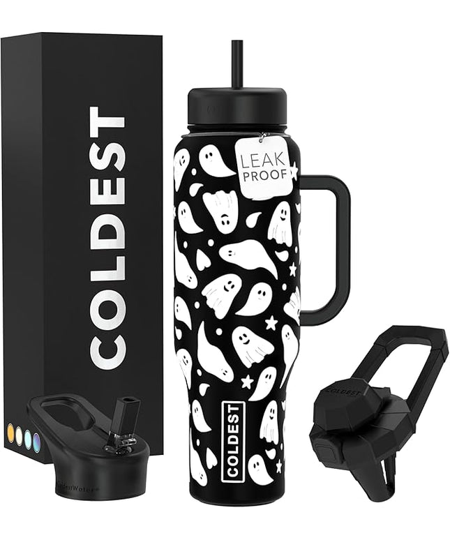 Coldest Tumbler with Handle and Straw - 100% Leak Proof Insulated Tumbler with Lid and Straw (3 Lids) - Stainless Steel Tumblers for Women & Men - Cup Holder Friendly Base, 46 oz (Ghosts)