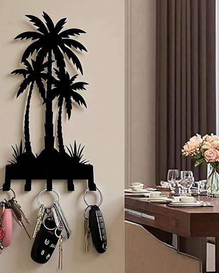 useNumber Black Metal Key Holder for Wall,Coconut Trees Key Hooks Wall Mount Whith 5 Hooks,Tropical Style Key Hanger Wall Decor for Front Door,Hallway,Entryway,Office