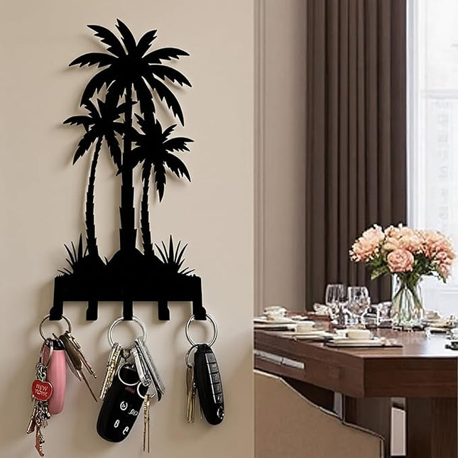useNumber Black Metal Key Holder for Wall,Coconut Trees Key Hooks Wall Mount Whith 5 Hooks,Tropical Style Key Hanger Wall Decor for Front Door,Hallway,Entryway,Office