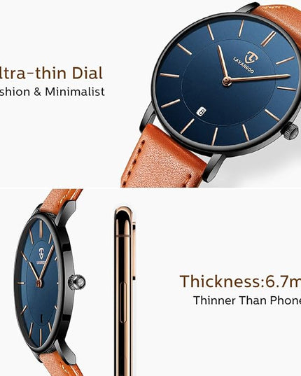 L LAVAREDO Watch for Men, Extremely Thin Mens Watches Minimalist Analog Men's Leather Wrist Watches with Time/Date, Birthday Gift for Men Boyfriend