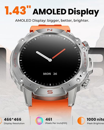 WalkerFit Smart Watch for Men, 1.43" Round AMOLED, 5ATM Waterproof, Heart Rate & Sleep Monitor,Long Battery,Outdoor Activity Tracker,Voice Control&Bluetooth Call,Compatible with iPhone Android, Orange