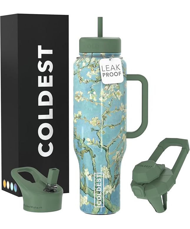 Coldest Tumbler with Handle and Straw, 100% Spill Proof Tumbler with Straw (3 Lids), Stainless Steel Insulated Leakproof Tumblers for Women Men, Cup Holder Friendly, 46 oz (Almond Blossom)