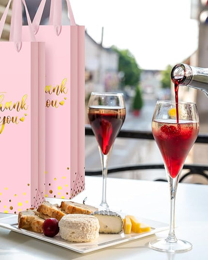 Ctosree 30 Pcs Wine Bottle Gift Bag with Handle 4.3x3.5x13.7 Liquor Paper Bag for Thank You Favor Gold Foil Kraft Whiskey Tote Carrier for Wedding Birthday Bridal Valentine's day Party(Pink)