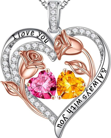 Iefil Christmas Gifts for Women Wife - 925 Sterling Silver Rose Heart Birthstone Necklace Birthday Anniversary Jewelry Gifts for Her Wife Mom Daughter