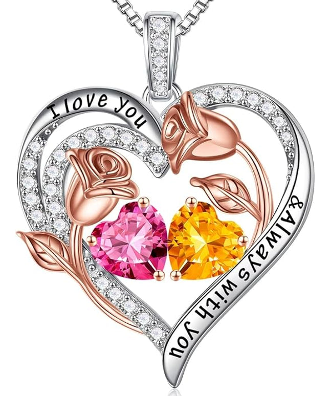 Iefil Christmas Gifts for Women Wife - 925 Sterling Silver Rose Heart Birthstone Necklace Birthday Anniversary Jewelry Gifts for Her Wife Mom Daughter