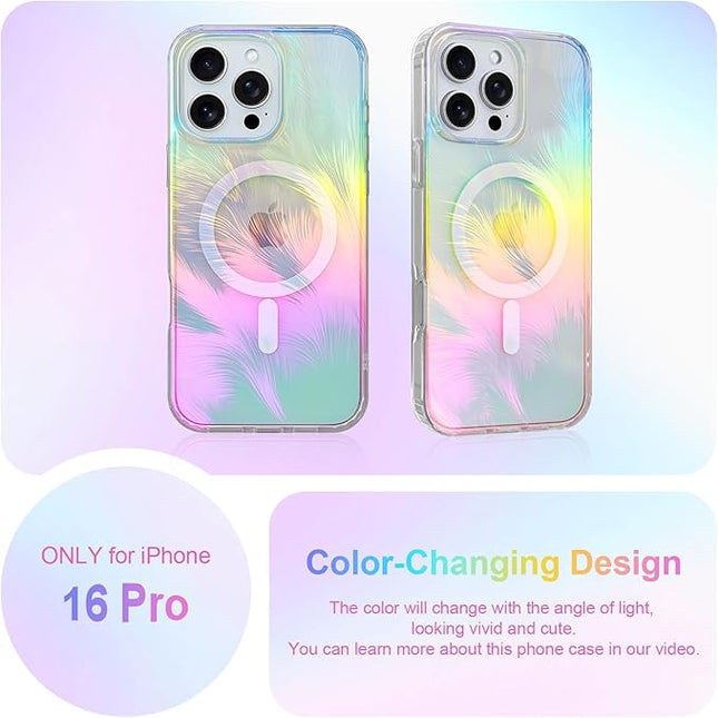 Glitter Case for iPhone 16 Pro Case for Women Girls [ Compatible with Magsafe ] Clear Cute Aesthetic Girly Iridescent Feather Sparkly Bling Magnetic Phone Cover, Gradient Blue & Pink