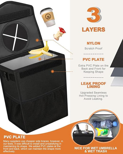 Car Trash Can with Lid, Cute Leakproof Car Trash Garbage Bag Hanging Vehicle Trash Bin Small Portable Automotive Garbage Cans Organizer for Back/Front Seat/Console(Trapezoid,Black)