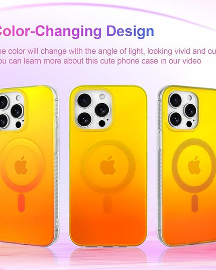 Aesthetic Case for iPhone 15 Pro Case for Women Girls, Compatible with Magsafe, Cute Girly Trendy Glitter Sparkly Rainbow Magnetic Protective Phone Cover, Matte Iridescent Yellow & Orange
