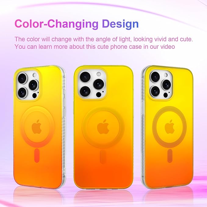 Aesthetic Case for iPhone 15 Pro Case for Women Girls, Compatible with Magsafe, Cute Girly Trendy Glitter Sparkly Rainbow Magnetic Protective Phone Cover, Matte Iridescent Yellow & Orange