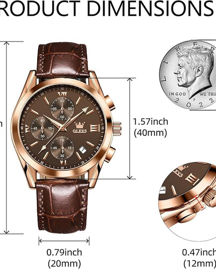 OLEVS Leather Chronograph Watch Men - Leather Strap (Brown/Black), Work Luminous Waterproof Analog Quartz Dress Wrist Watch with Blue/Black/Brown/White Dial