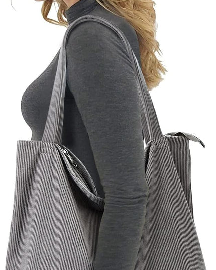 KALIDI Women Corduroy Tote Bag Zipper Casual Tote's Handbag Big Capacity Shoulder Bag with Pockets
