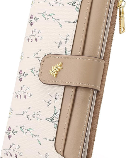 GAEKEAO Womens Wallet Slim Thin RFID Blocking Floral Vegan Leather Card Holder Bifold Long Ladies Wallet with Zipper Pocket