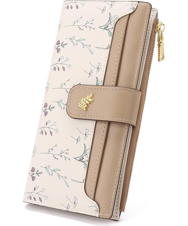GAEKEAO Womens Wallet Slim Thin RFID Blocking Floral Vegan Leather Card Holder Bifold Long Ladies Wallet with Zipper Pocket