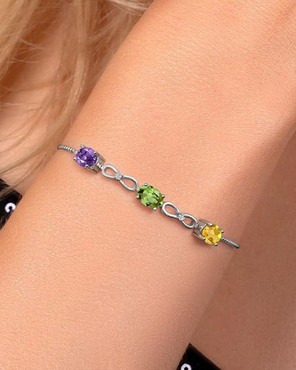 Gem Stone King 925 Sterling Silver Customized and Personalized 3 Gemstone Birthstone and White Lab Grown Diamond Tennis Infinity Bracelet For Women (2.27 Cttw, Adjustable up to 9 Inches)
