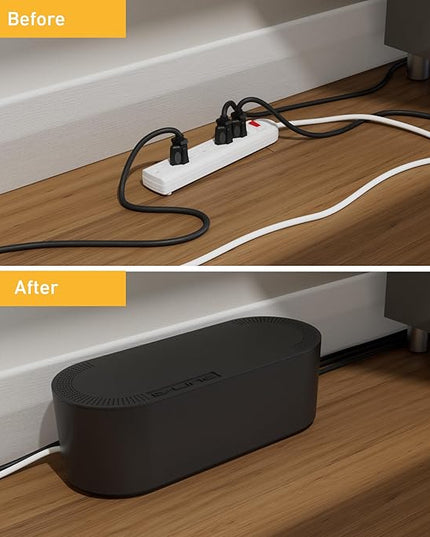 D-Line Cable Management Box, Power Strip Cover, Floor Outlet Hider, Desk Cord Organizer, Hide Extension Leads, 12.75" (L) x 5" (W) x 4.5" (H), for use with Power Strips up to 10.5in (L) - Small, Black