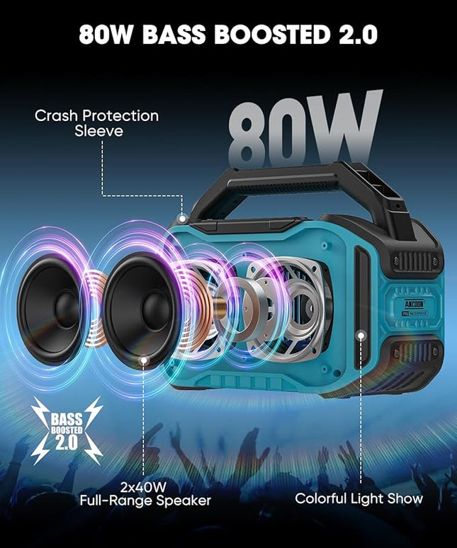 Speakers Bluetooth Wireless: 80W(Peak) Loud Speaker with Bass, 20H Playtime, IPX6 Waterproof, Large Jobsite Speakers for Work, Outdoor, Workshop, Garage, Portable Speaker with TWS (Sky Blue)