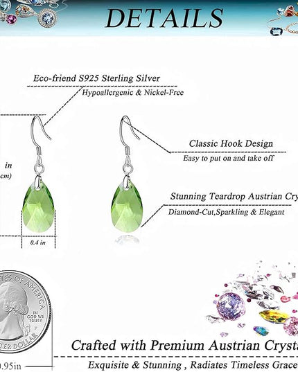 Teardrop Austrian Crystal Drop Dangle Earrings for Women 925 Sterling Silver Hook Hypoallergenic Jewelry