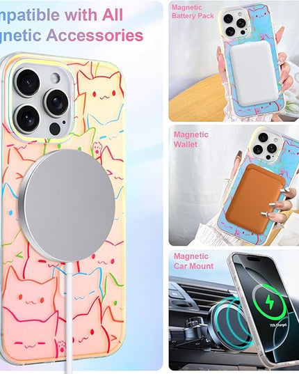 Cute Case for iPhone 16 Pro Case for Women Girls Boys [ Compatible with Magsafe ] Iridescent and Black Cats Cat Pattern Design, Kawaii Colorful Animal Soft Bumper Protective Phone Cover