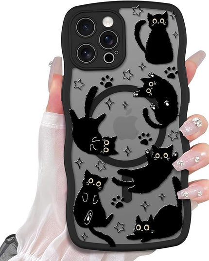 Cute Case for iPhone 12 Pro Max Case [Compatible with MagSafe] with Kawaii Black Cats Cat Print Pattern Design for Women Girls, Soft Wavy Edge Anti-Slip Animal Magnetic Protective Phone Cover