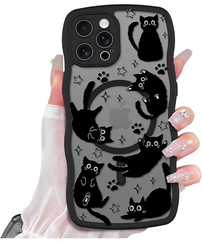 Cute Case for iPhone 12 Pro Max Case [Compatible with MagSafe] with Kawaii Black Cats Cat Print Pattern Design for Women Girls, Soft Wavy Edge Anti-Slip Animal Magnetic Protective Phone Cover