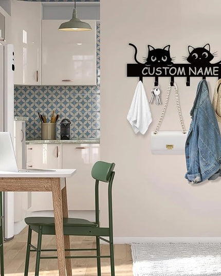 Personalized Metal Key Holder for Wall, Cat Key Holder Wall Mount, Custom Name Cat Coat Key Rack with Hook, Key Hanger Gifts for Cat Lovers, Cute Key Holder Organizer for Entryway Bedroom Decor