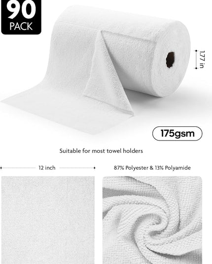 Fantasticlean Microfiber Cleaning Cloth Roll -90 Pack, Tear Away Microfiber Towels, 12" x 12", Reusable, Washable, Scratch Free, Ultra Absorbent Dishcloth for All-Around Cleaning Supplies (White)