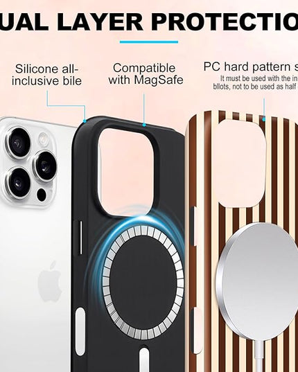 Magnetic for iPhone 16 Pro Max Case Cute Stripes Phone Case, Shockproof Slim TPU and Hard PC Protective Phone Cover Compatible with MagSafe Designed for Women Girls, Brown