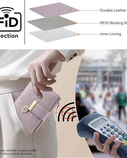 yiijay Small Wallet Women RFID Blocking Leather Bifold Wallet Credit Card Holder for Women Ladies Compact Wallet Mini Purse With Zipper Pocket