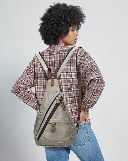KL928 PU Leather Sling Bag - Small Crossbody Backpack Shoulder Casual Daypack Rucksack for Men Women(Leaden)